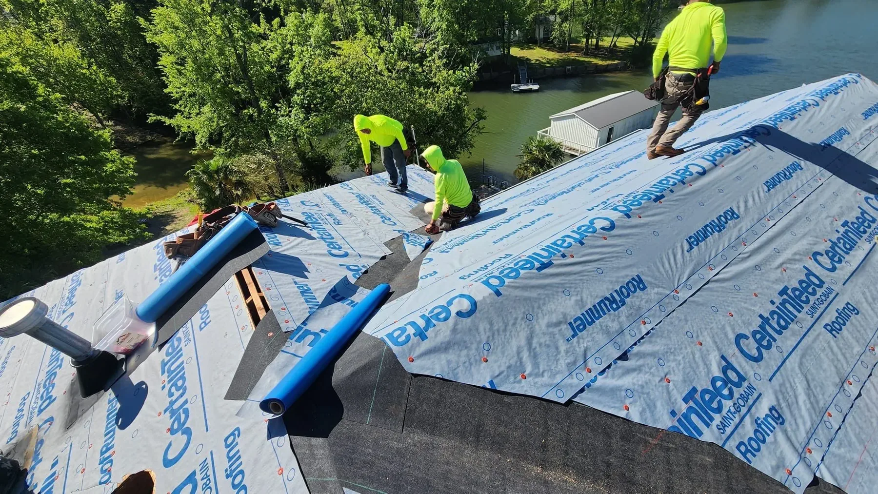 Roof installation beside a lake